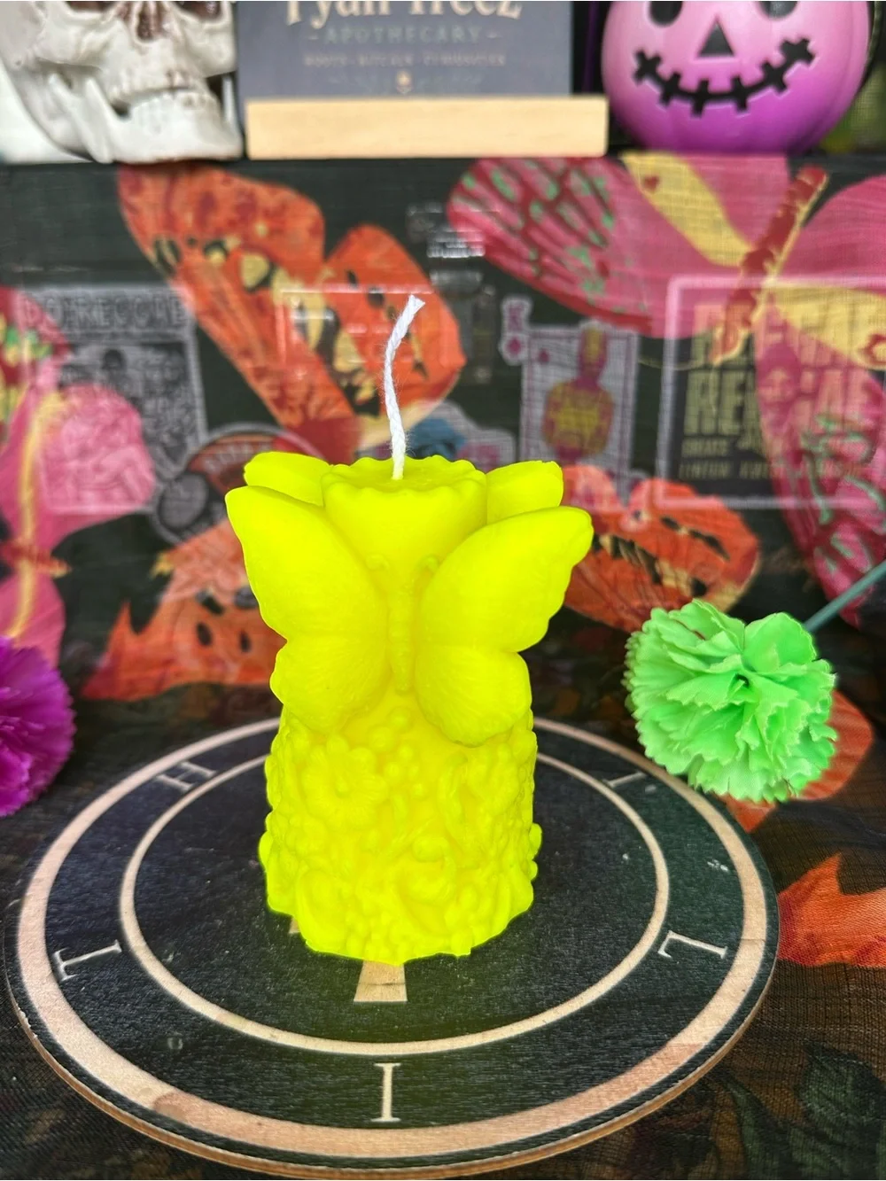 Handmade Neon Yellow Butterfly Candle – Floral Garden Pillar